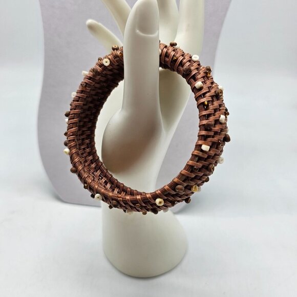 Handwoven Brown Bangle Bracelet With Beads Accents Bohemian - Picture 2 of 6